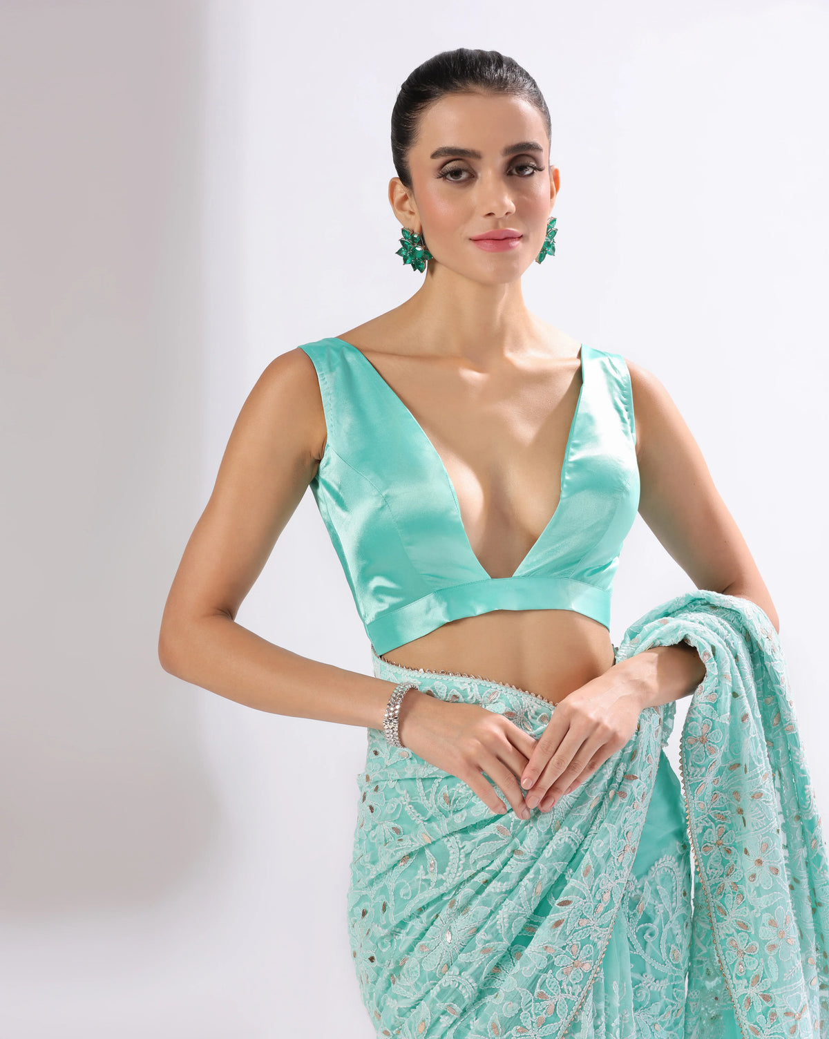 Sea Blue Chikankari Saree With Unstitched Blouse
