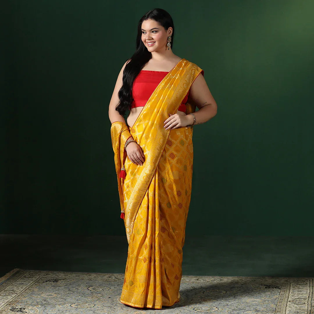 Yellow Bandhani Georgette Saree With Unstitched Blouse