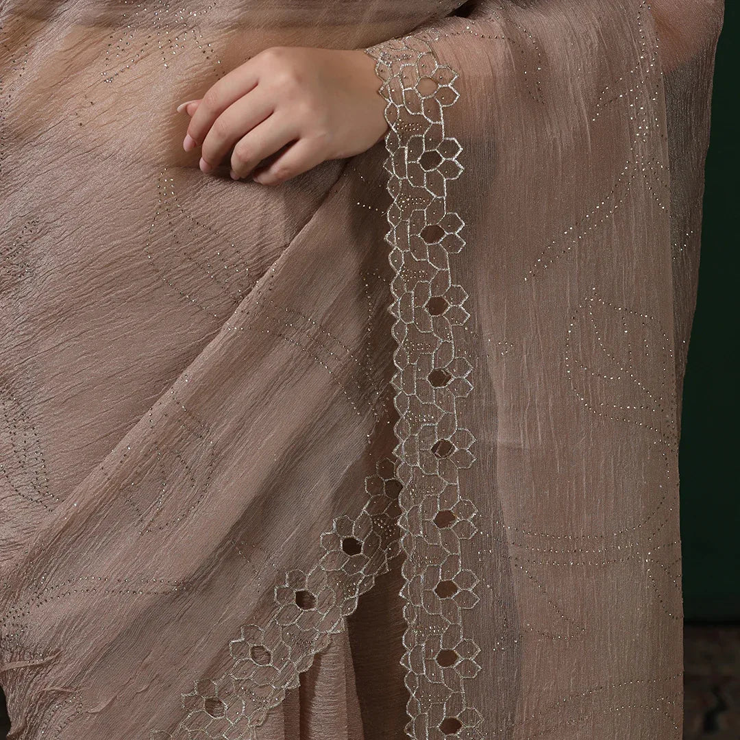 Metallic Gold Chiffon Saree With Unstitched Blouse