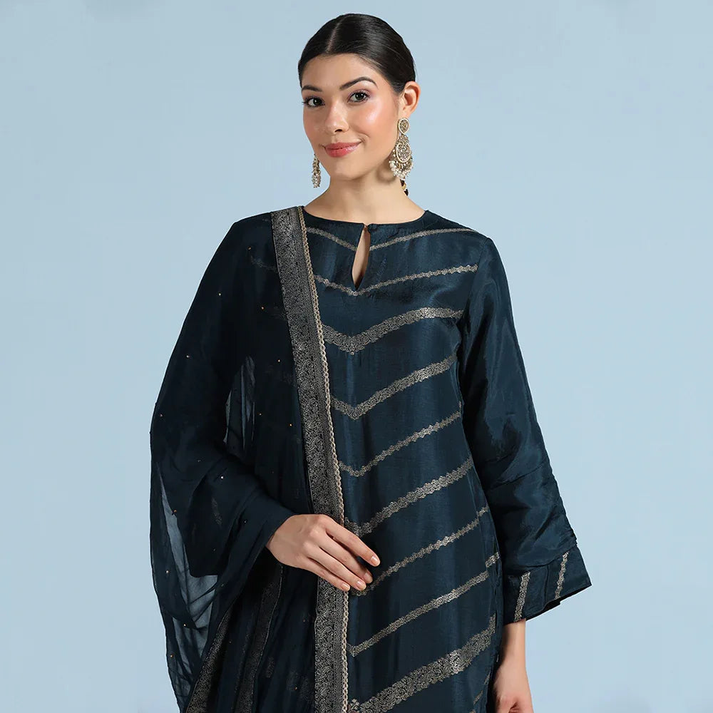 Navy Blue Banarasi Unstitched Suit