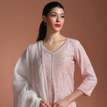 Elegant Pink Aari Work Kurta Set with Thread Embroidery & Hand Highlights