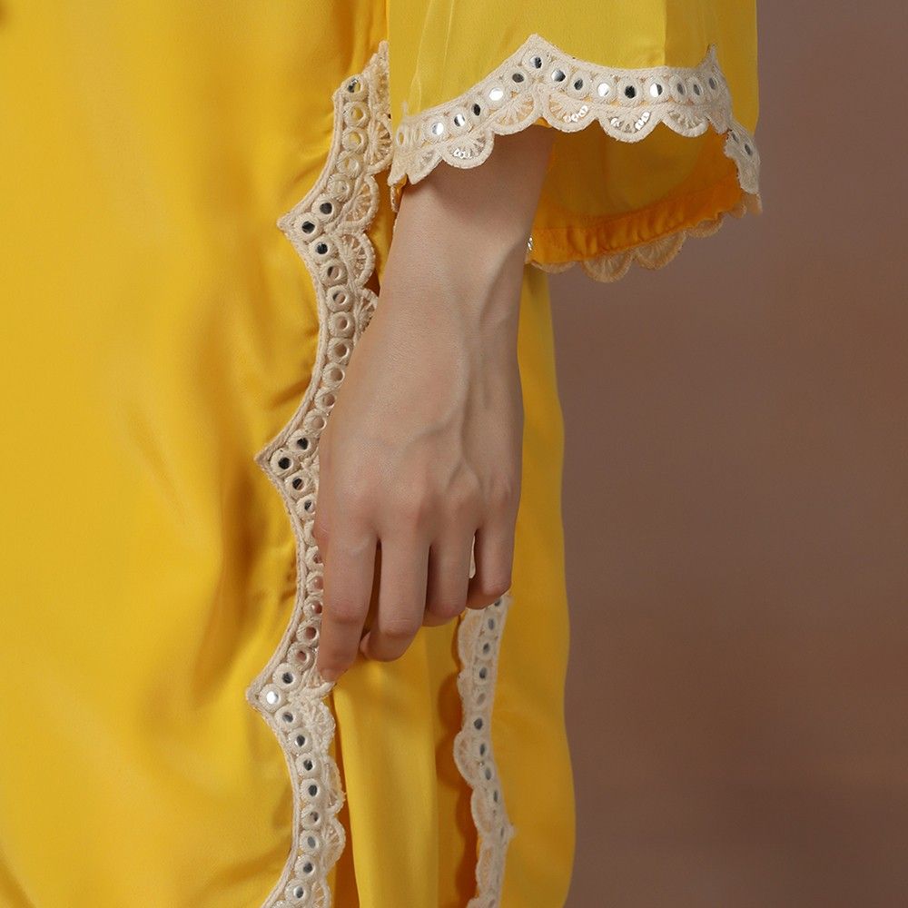 Yellow Crepe Kurta Set Detailed with Lace