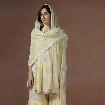 Yellow Georgette Embroidered Kurta Sharara Set
