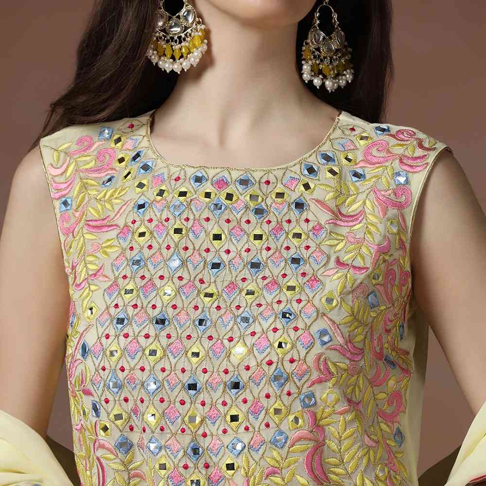 Pastel Yellow Georgette Mirror Work Kurta Set