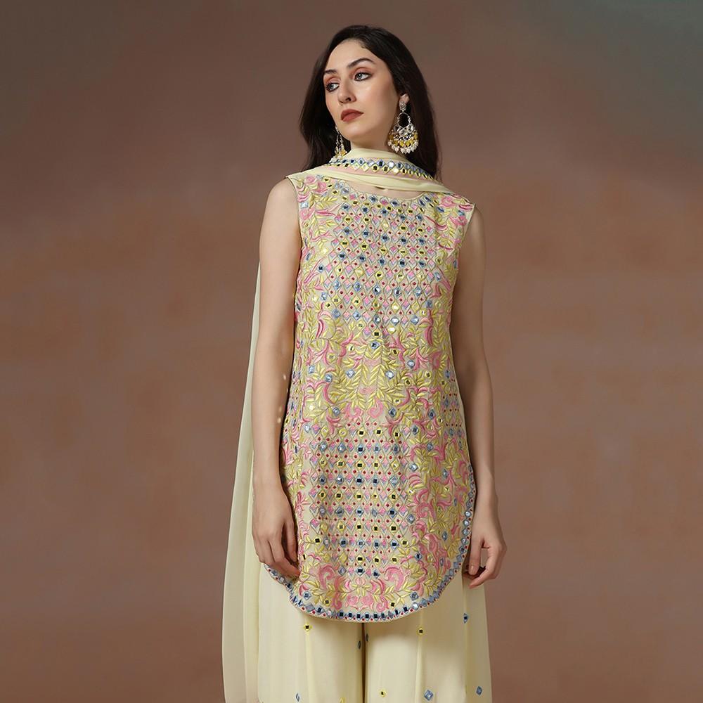 Pastel Yellow Georgette Mirror Work Kurta Sharara Set