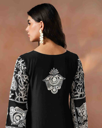 Black Chanderi Kurta Pant Set with Dori Embroidery