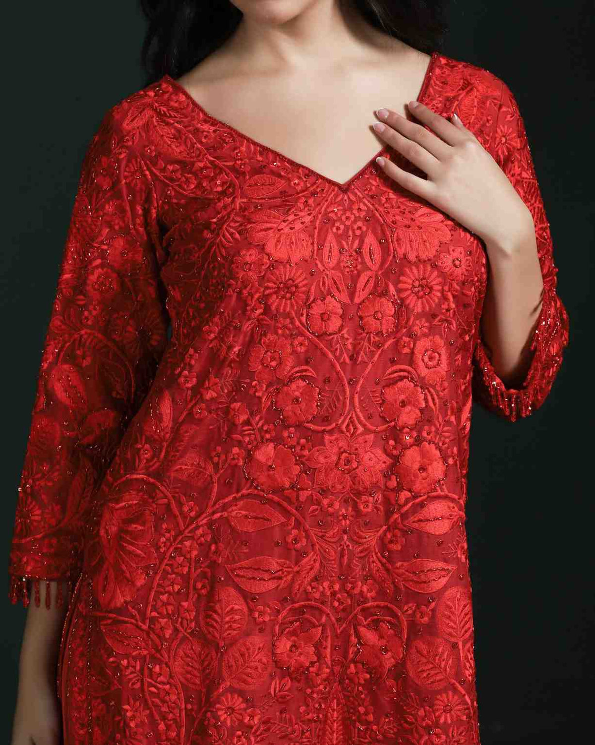 Elegant Red Kurta Set With Tone-on-Tone Thread Embroidery & Tassels