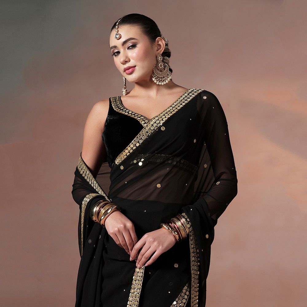 Black Georgette Saree with Gold Mirror Work Embellishments
