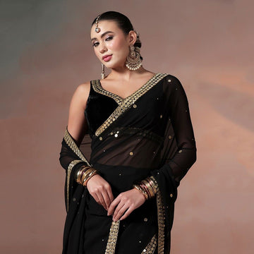 Black Georgette Saree with Gold Mirror Work Embellishments