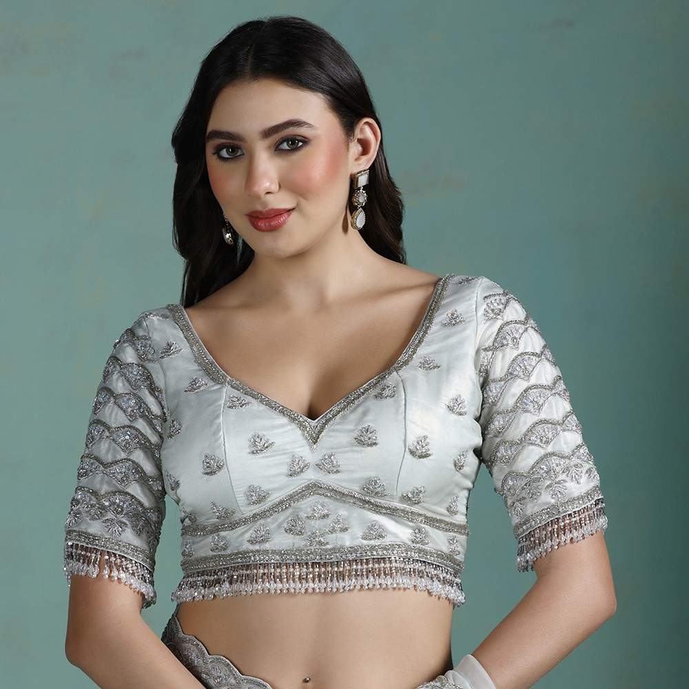 Moon Light Silver Hand Embroidered Silk Saree