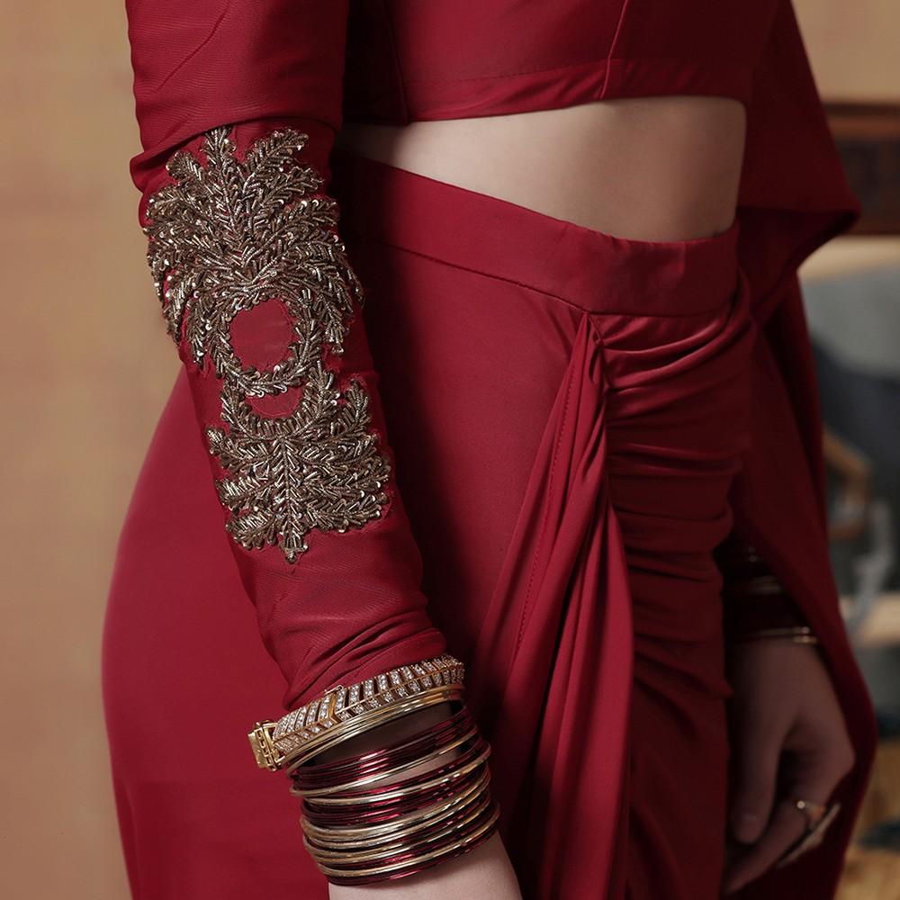 Ruby Red Pre-Draped Designer Saree Set with Blouse