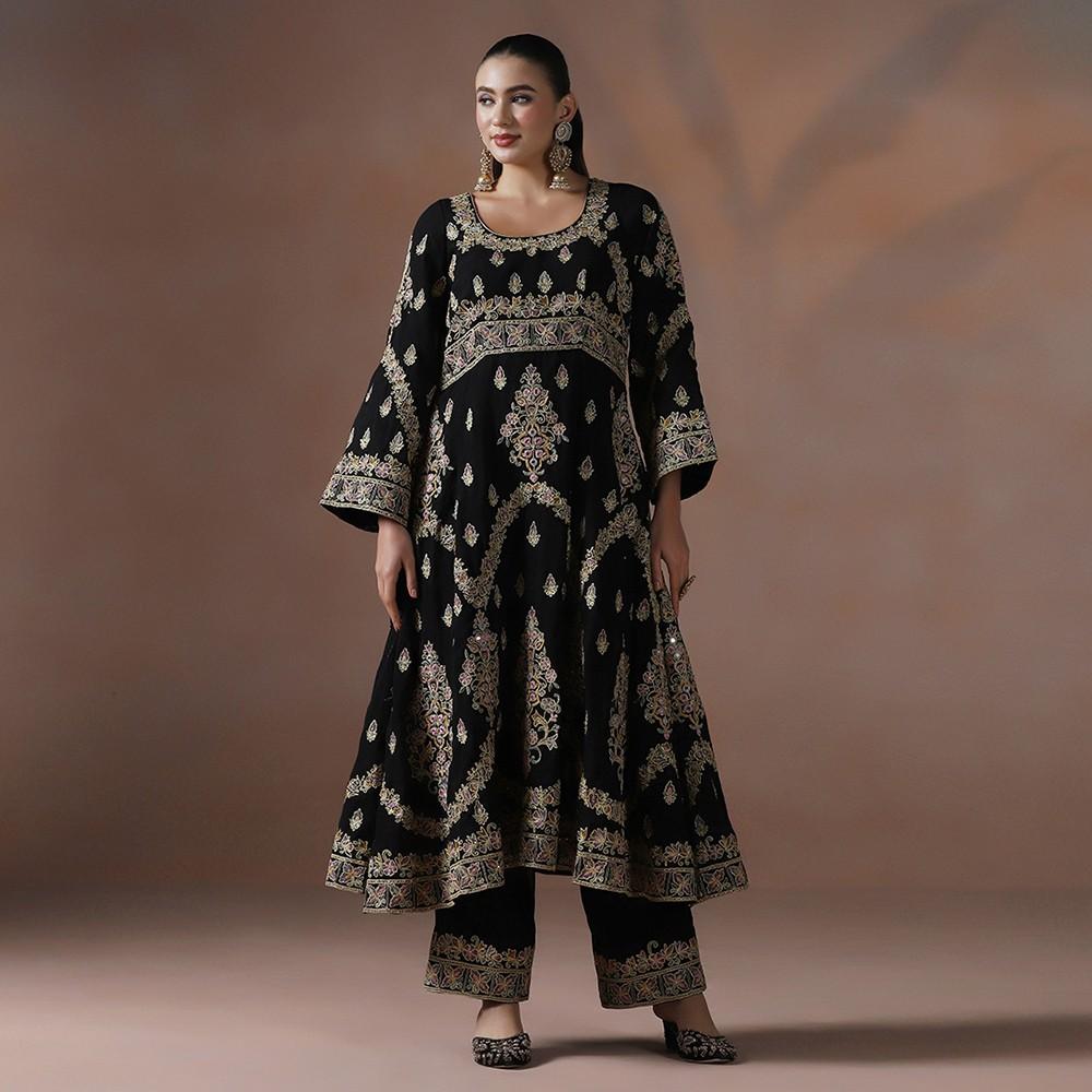 Black Georgette Anarkali Set with Intricate Resham Dori Work & Dupatta