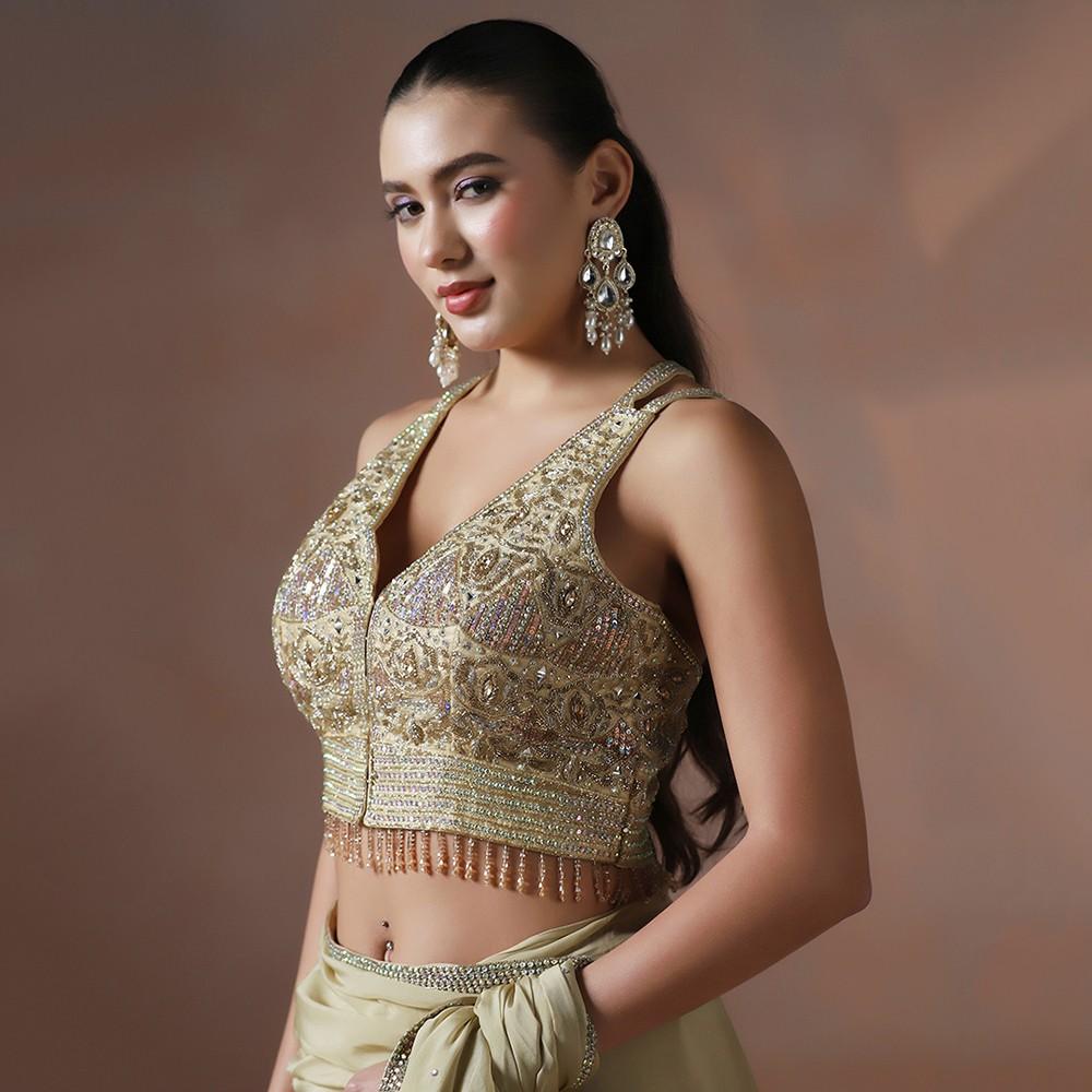 Gold Organza Hand Crafted Sequin Work Saree with Designer Blouse