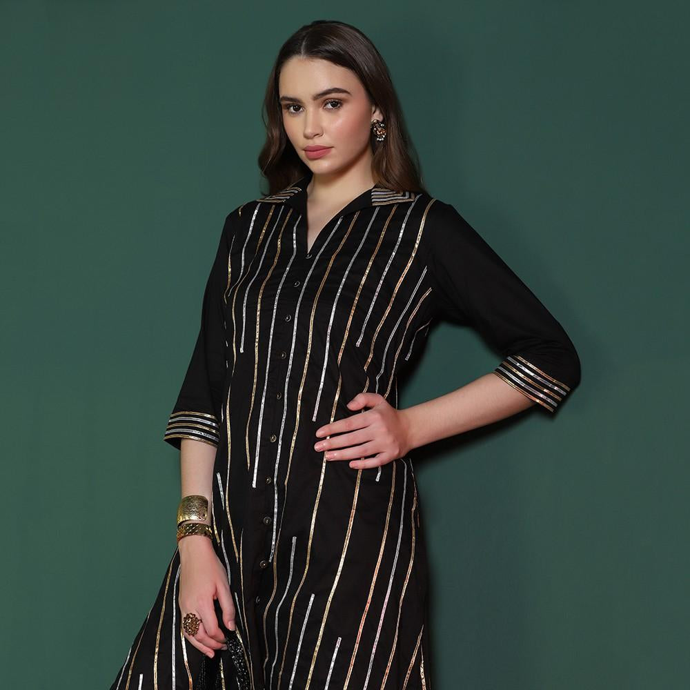Black Cotton Gotta Kurta Set