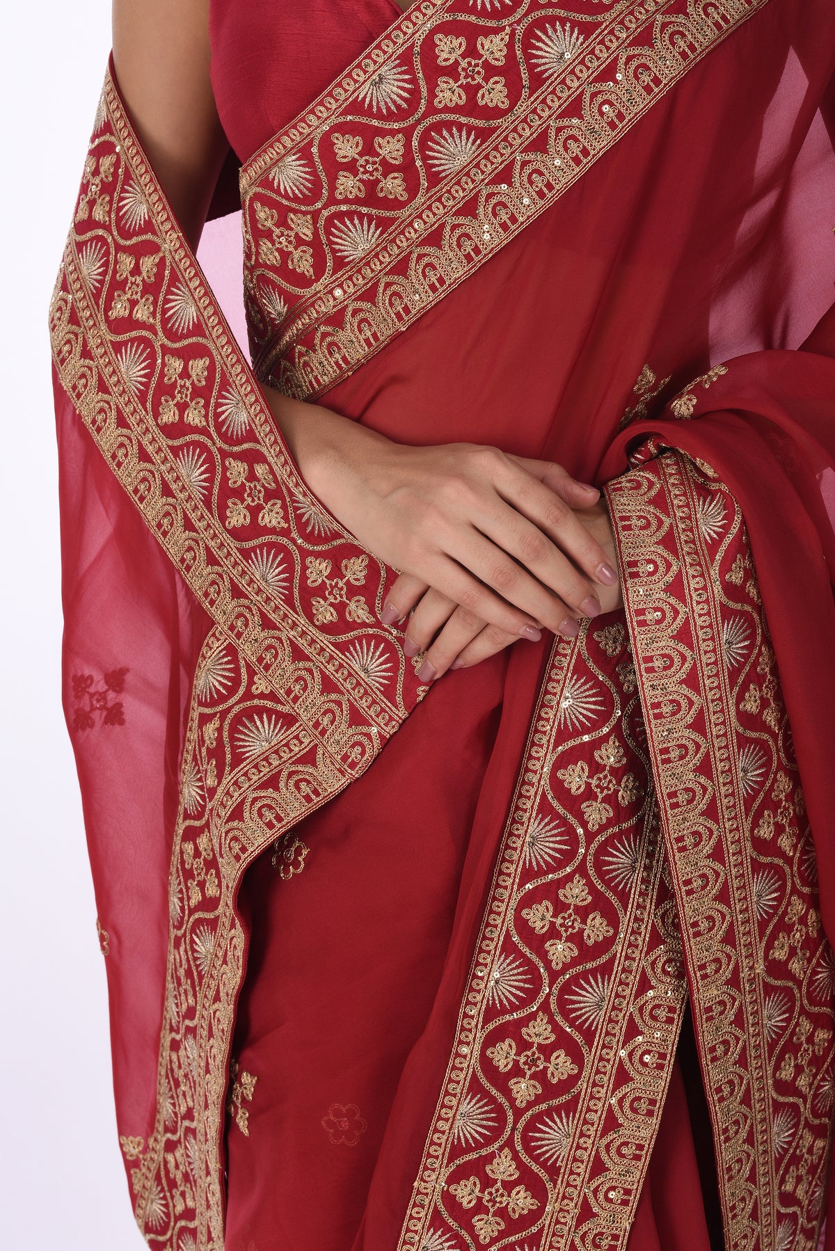 Saree With Blouse Elegant Red Organza Embroidered Saree