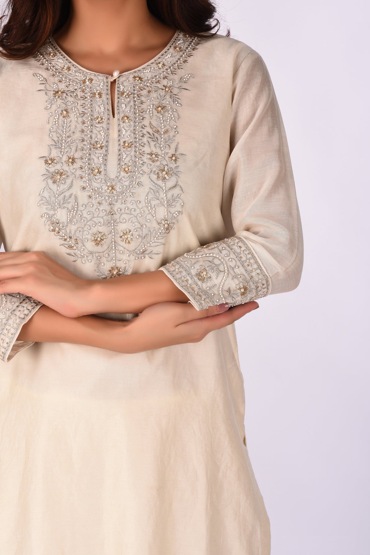 Kurti With Skirt Ivory Straight Kurta Set With Crushed Skirt