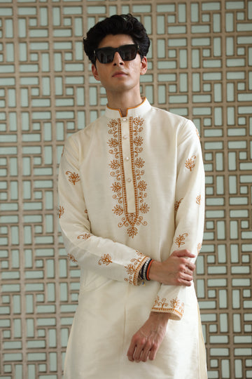 Classic Ivory Dupion Silk Embroidered Men's Kurta Set
