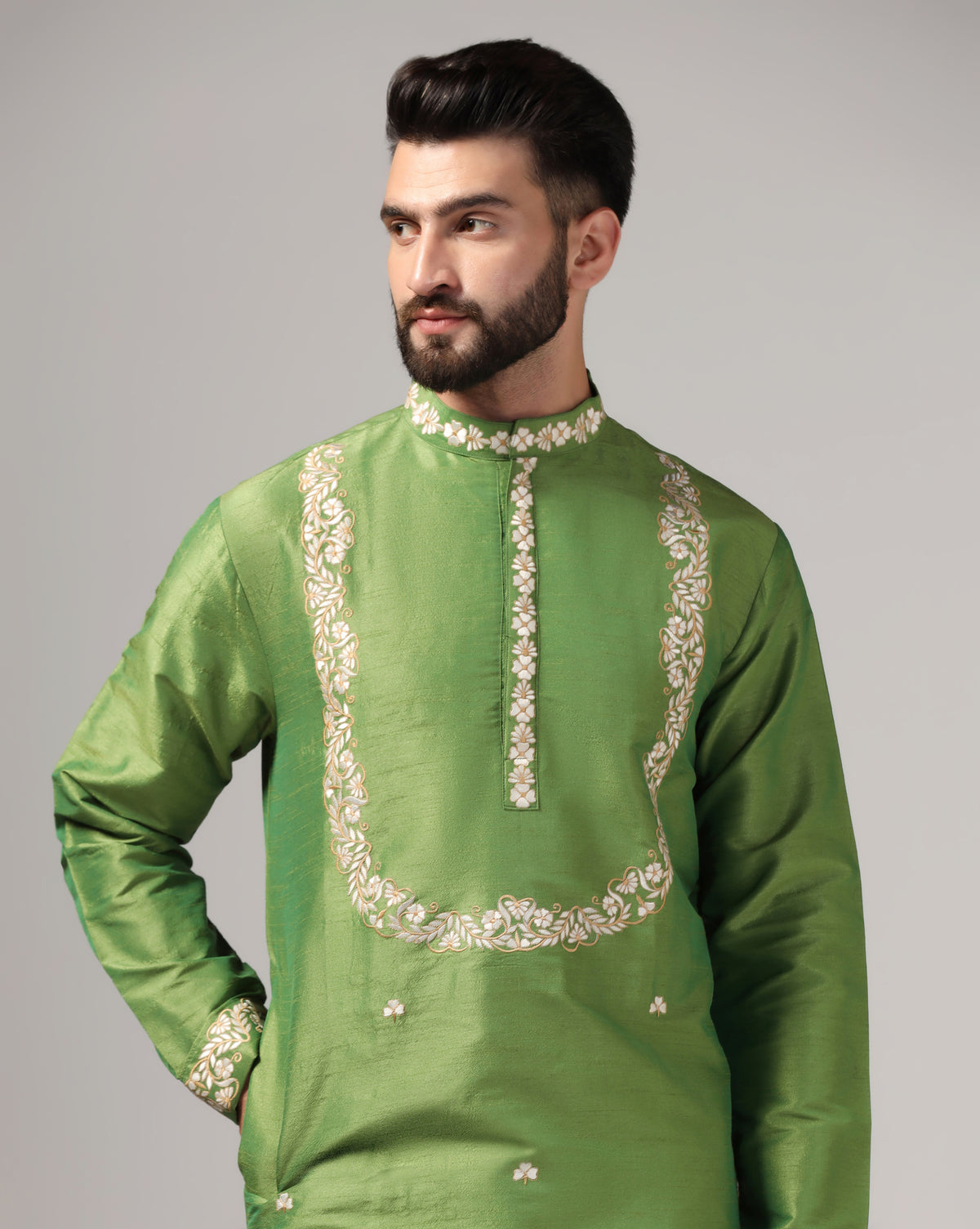 Festive Green Dupion Silk Embroidered Kurta Set