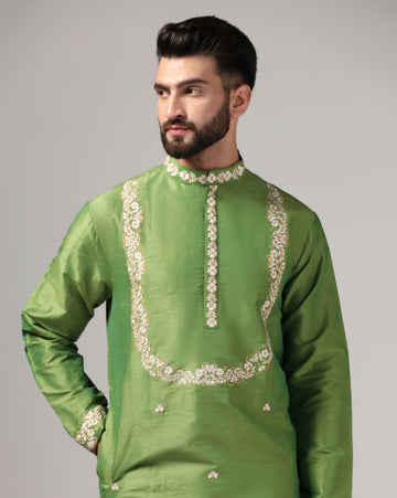 Festive Green Dupion Silk Embroidered Kurta Set