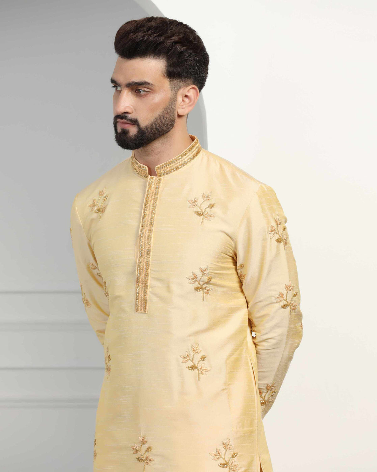 Classic Gold Dupion Silk Embroidered Kurta Set