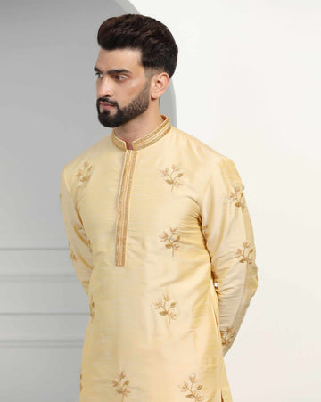 Classic Gold Dupion Silk Embroidered Kurta Set