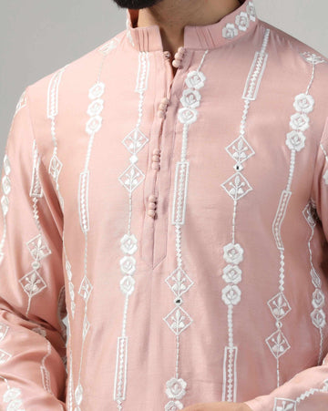 Dusty Pink Chanderi Embroidered Kurta Set