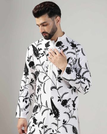 White Chanderi Embroidered Kurta Set