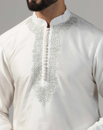Classic White Dupion Silk Embroidered Kurta Set