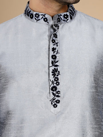 Silver Dupion Silk Embroidered Men's Kurta Set