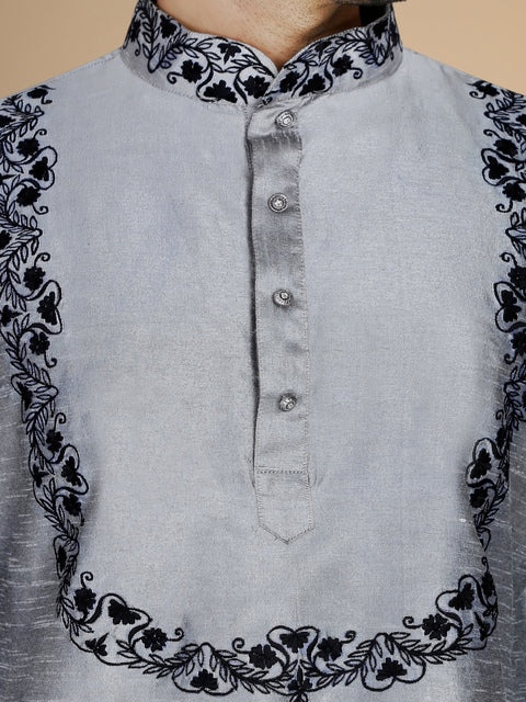 Silver Dupion Silk Embroidered Men's Kurta Set