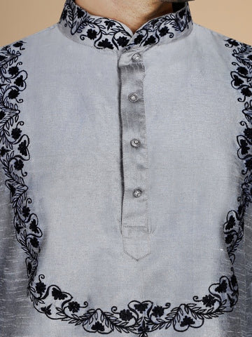 Silver Dupion Silk Embroidered Men's Kurta Set