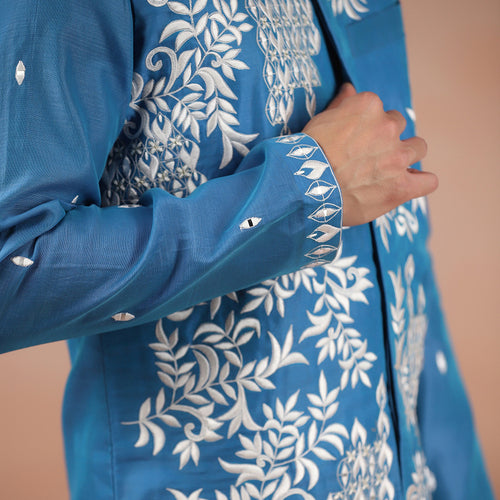 Blue Chanderi Men's Kurta Set With Embroidered Nehru Jacket