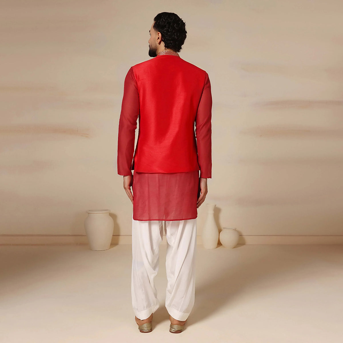 Scarlet Red Bundi Jacket Aari Works With Kurta Salwar Set