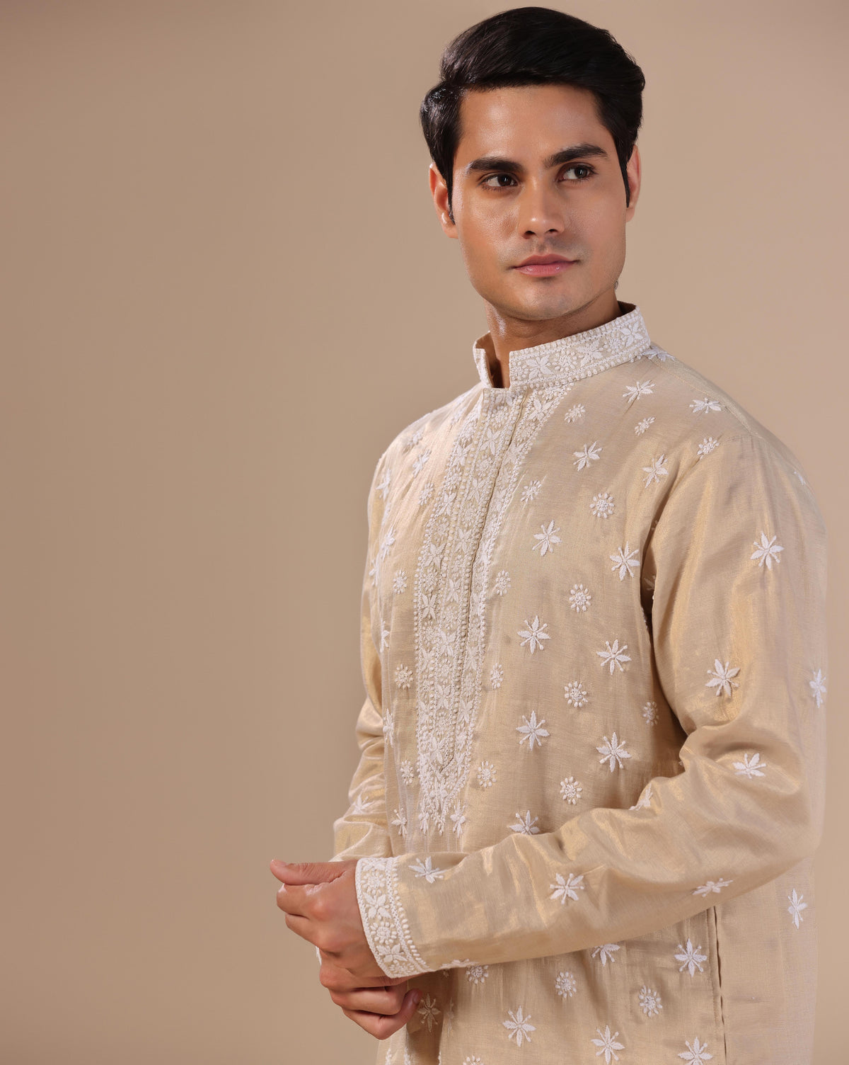 Golden Men's Chikankari Kurta With Mukesh Embellishments