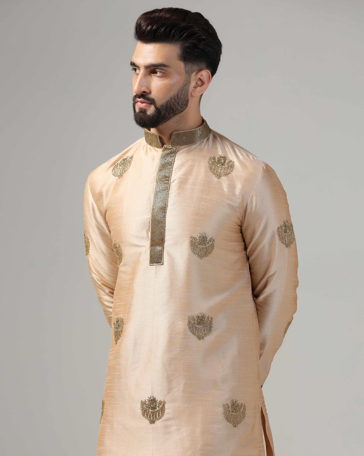 Men's Gold Kurta Set With Intricate Gold Hand Embroidery
