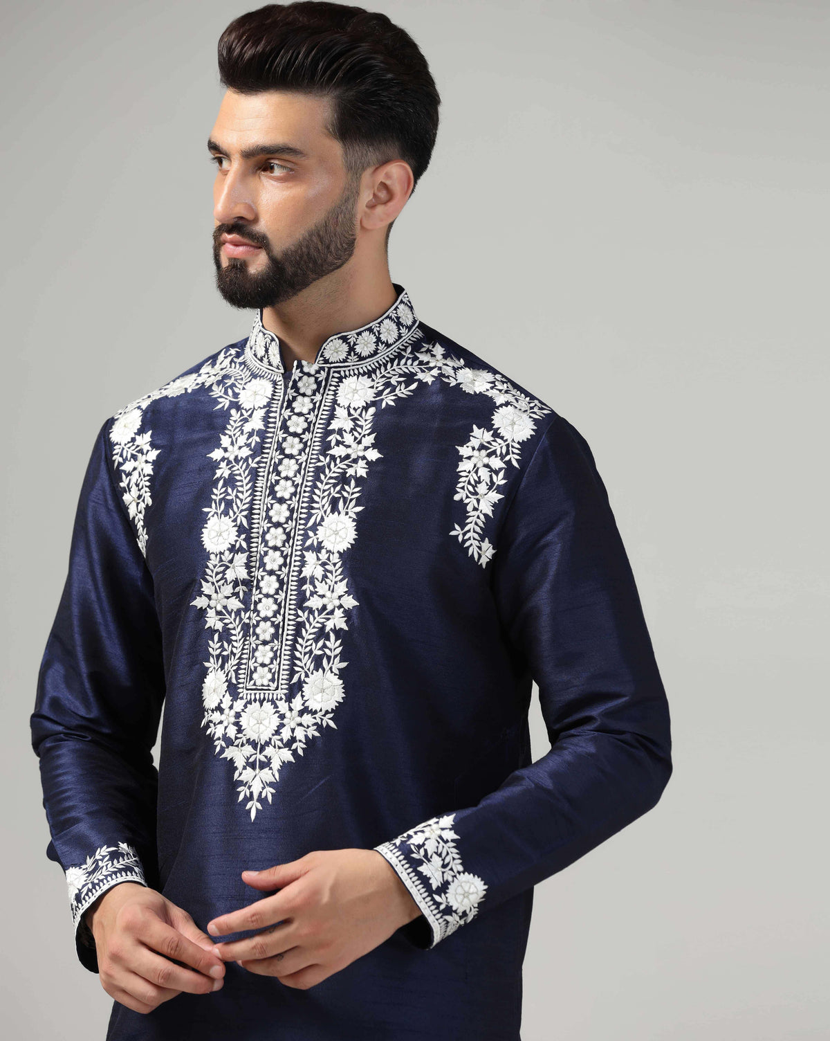 Elegant Deep Blue Men's Kurta Set With Intricate White Resham Work