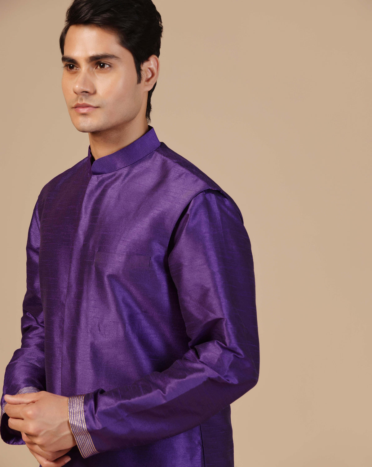 Men's Purple Nehru Jacket Embroidered Kurta Set