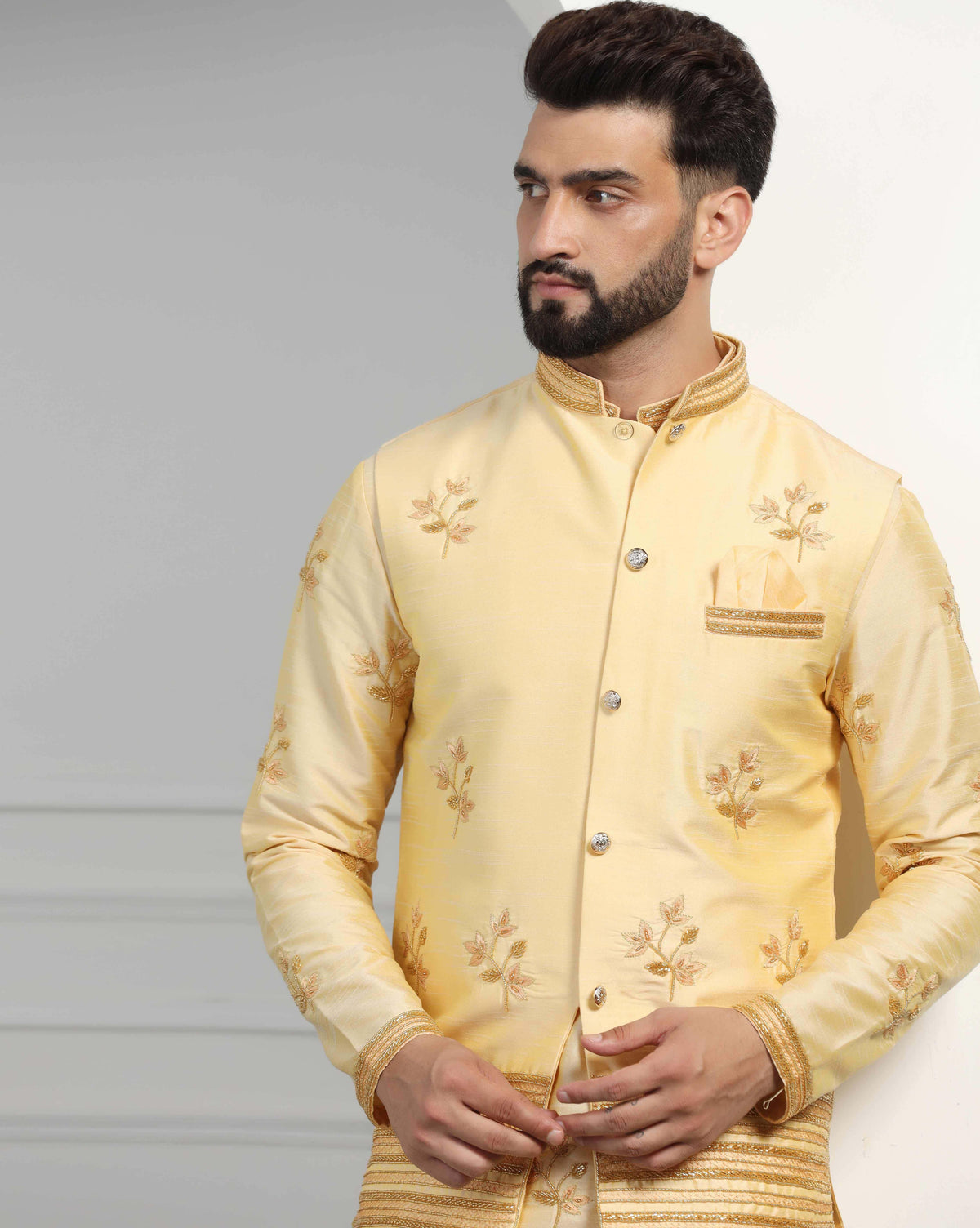 Monotone Yellow Men's Kurta Set With Hand Embroidered Bundi