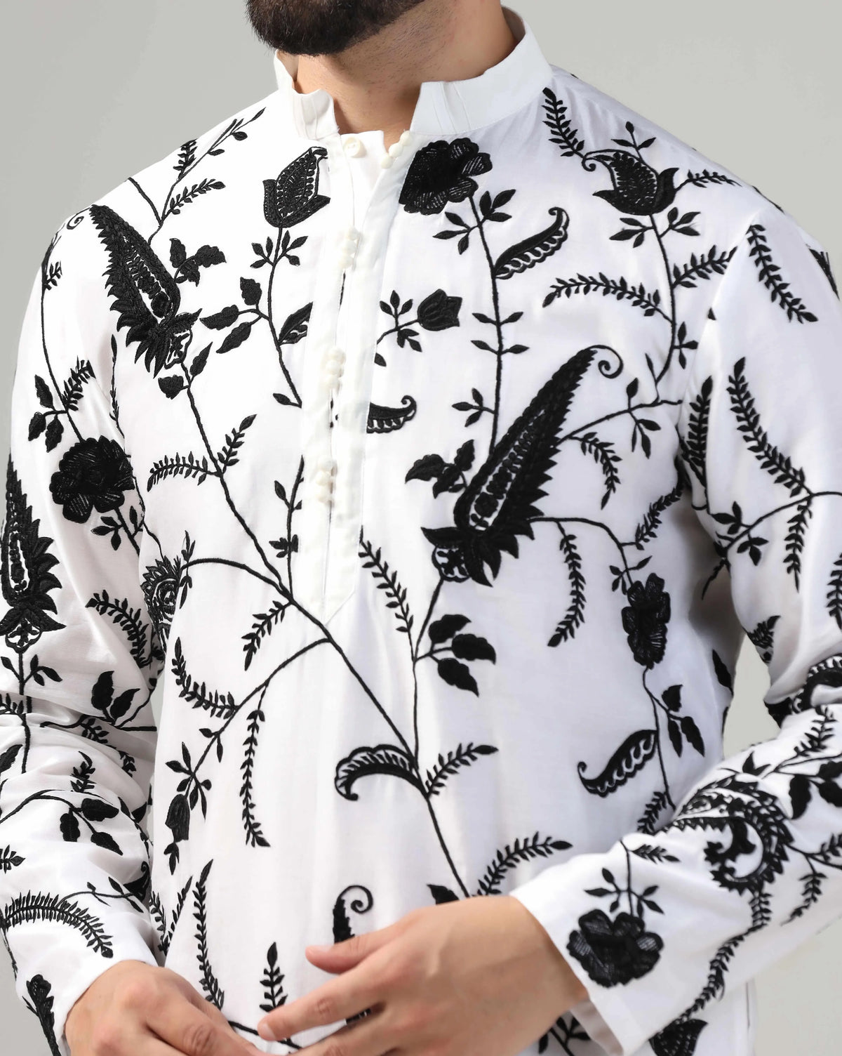 Classic Black & White Men's Chanderi Embroidered Kurta Set
