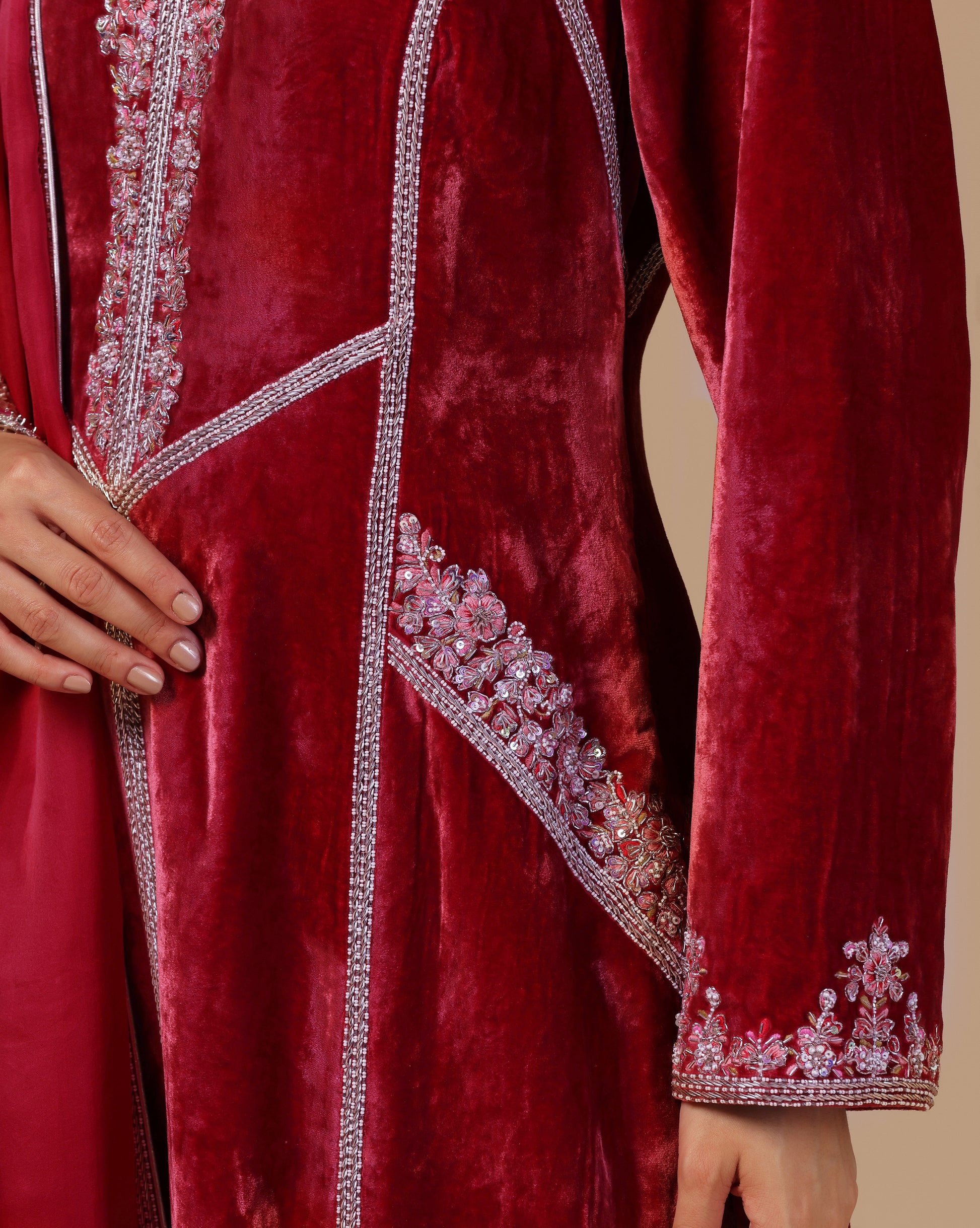 Maroon Red Velvet Embroidered Kurta Set