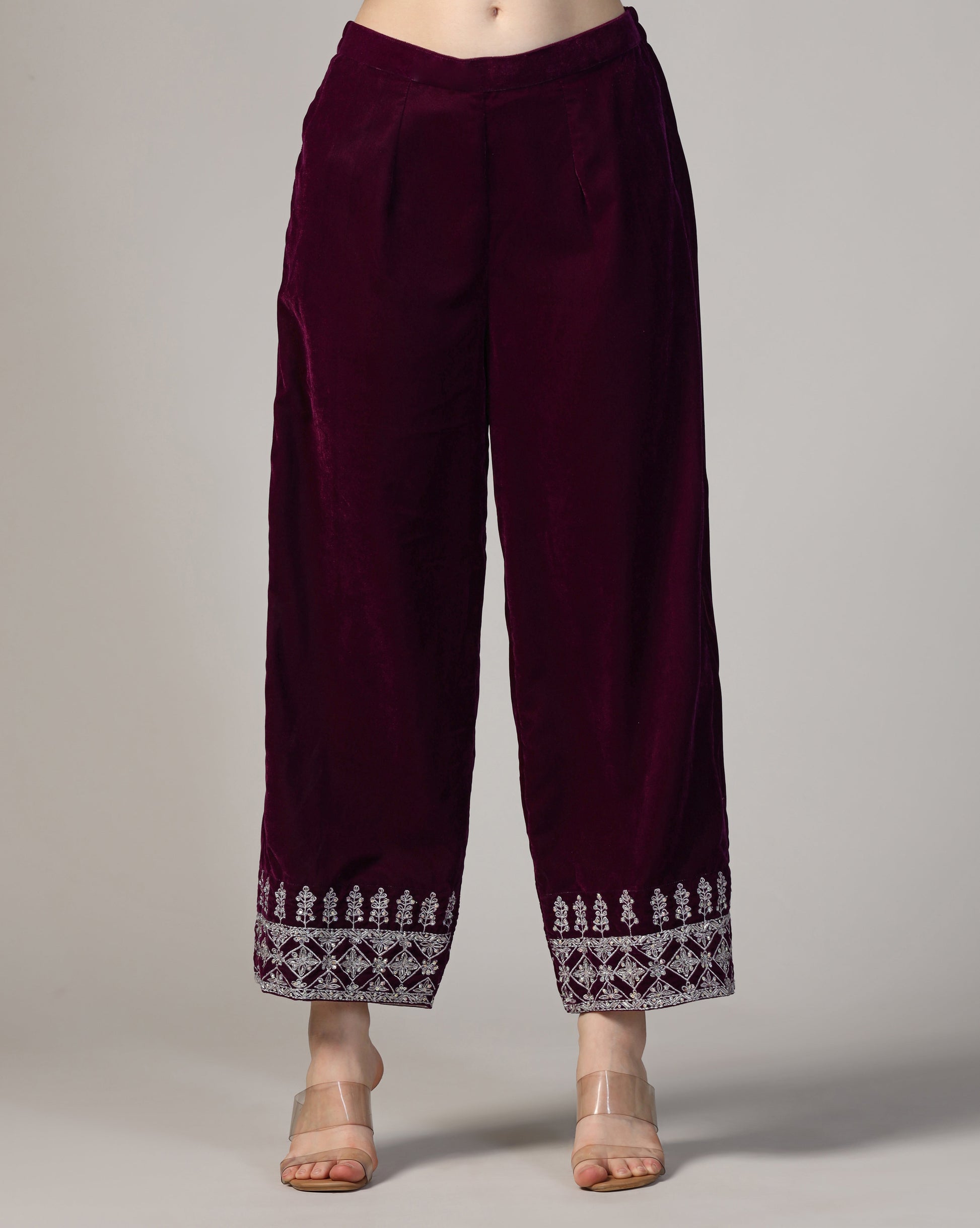 Velvet Royal Wine Silver Embroidered Kurta Set