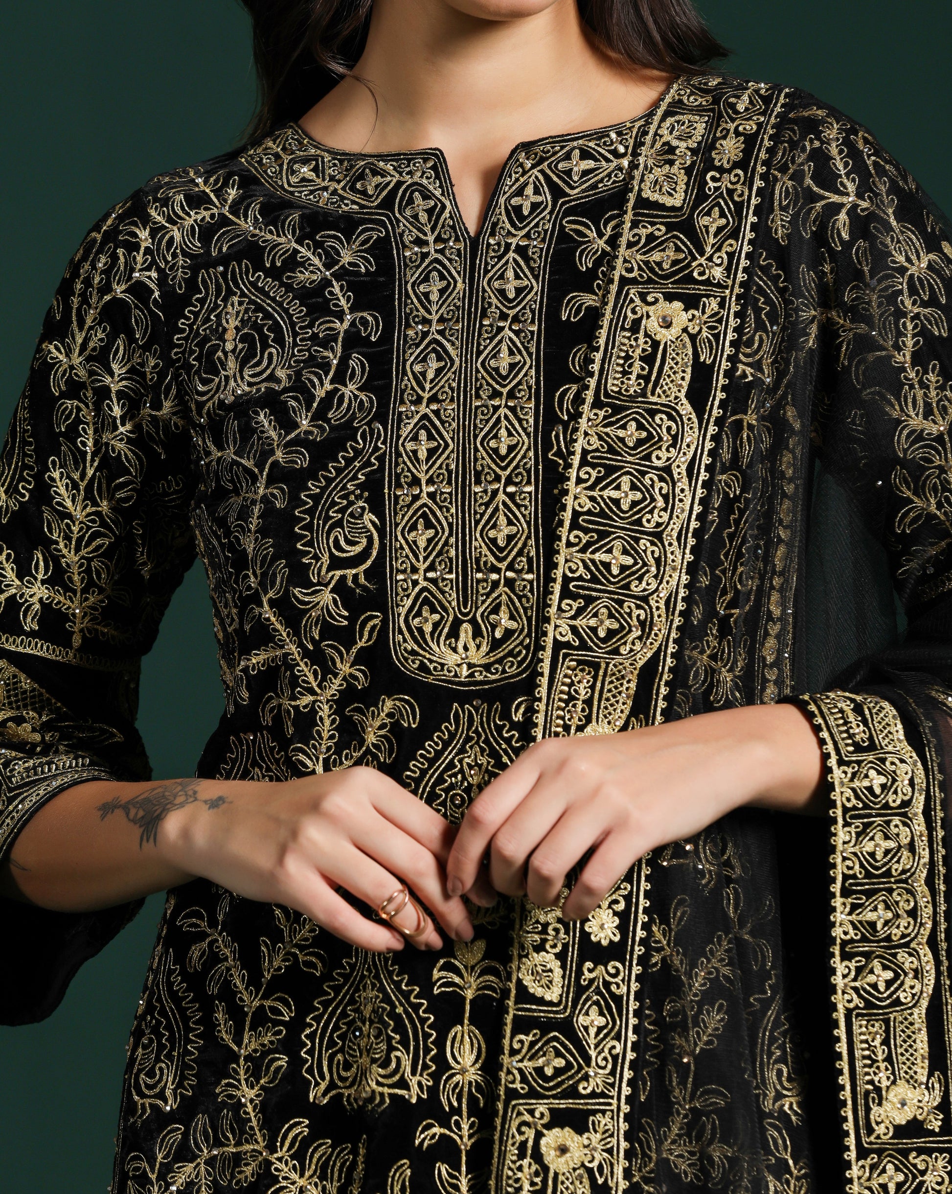 Black Velvet Dori Embroidered Kurta Set