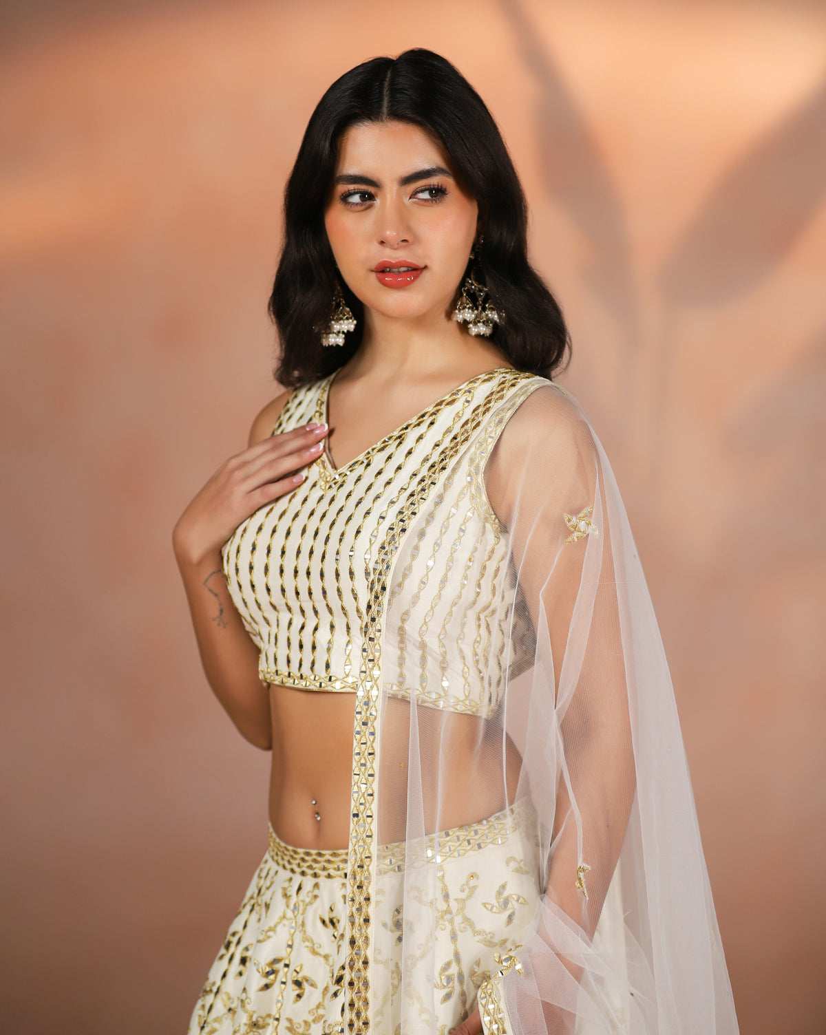 Ivory Dupion Silk Mirror Work Lehenga