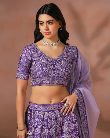 Dupion Silk Thread Work Lehenga with Sequins & Cutdana Embellishments