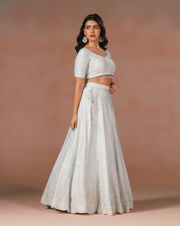 Elegant Powder Blue Aari Work Lehenga with Hand Sewn Pearl Detailing