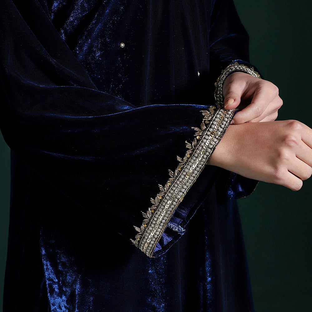 Velvet Blue Embroidered Kurta Set