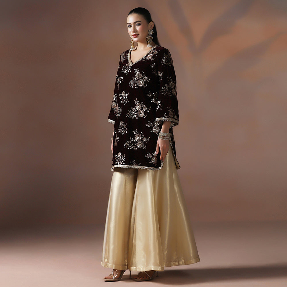 Velvet Maroon Gold Kurta Sharara Set