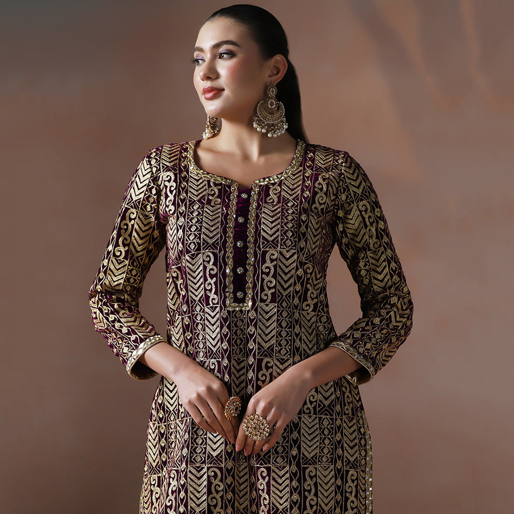 Wine Velvet Aari Mirror Embroidered Kurta Set