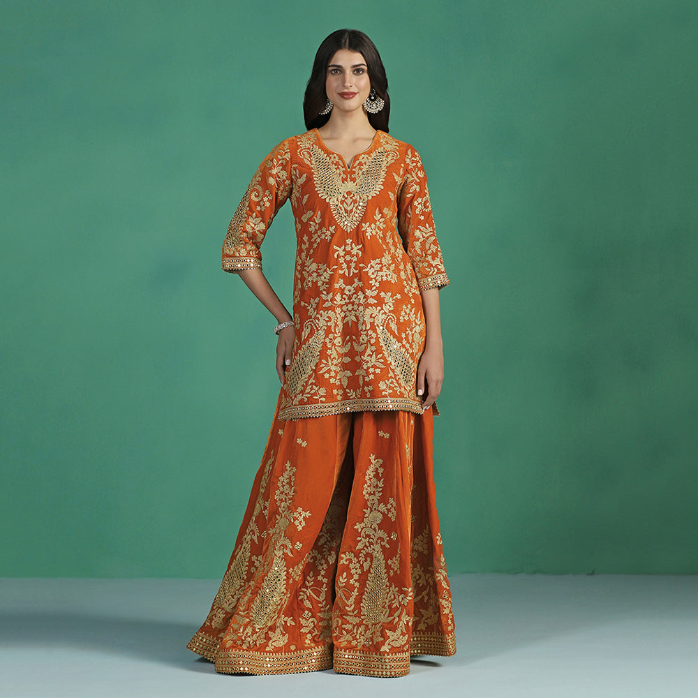 Velvet Orange Kurta Sharara Set