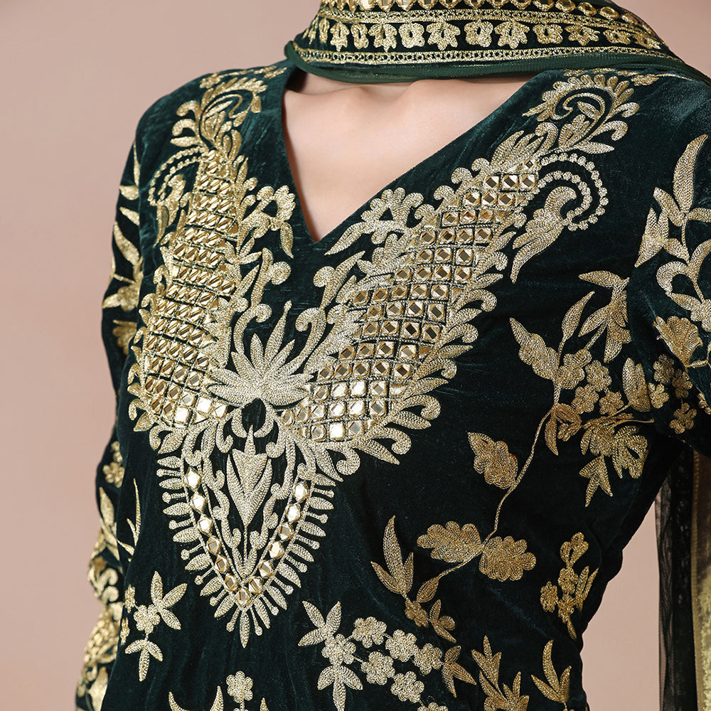 Velvet Deep Green Kurta Set